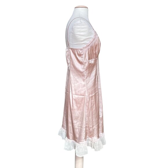 Nude Satin Slip Dress Chemise Slip Lace Trim Ruffled Babydoll Belle Poque Large - Picture 2 of 9